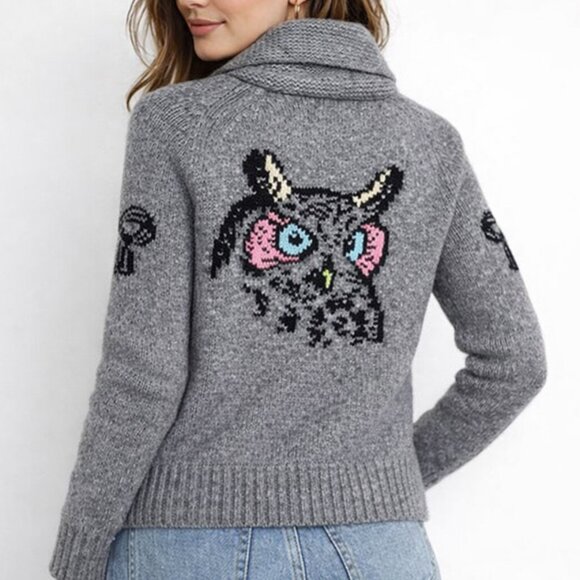 TNA Sweaters - TNA Aritzia Lambswool Knit Pixelated Owl Sweater Cardigan Grey Women's Medium